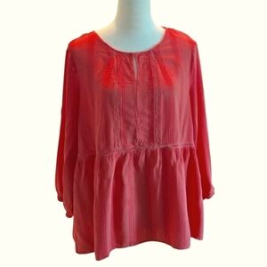fever Women's XL Coral Blouse Textured Stripes 3/4 Sleeve Open Weave Eye Hook